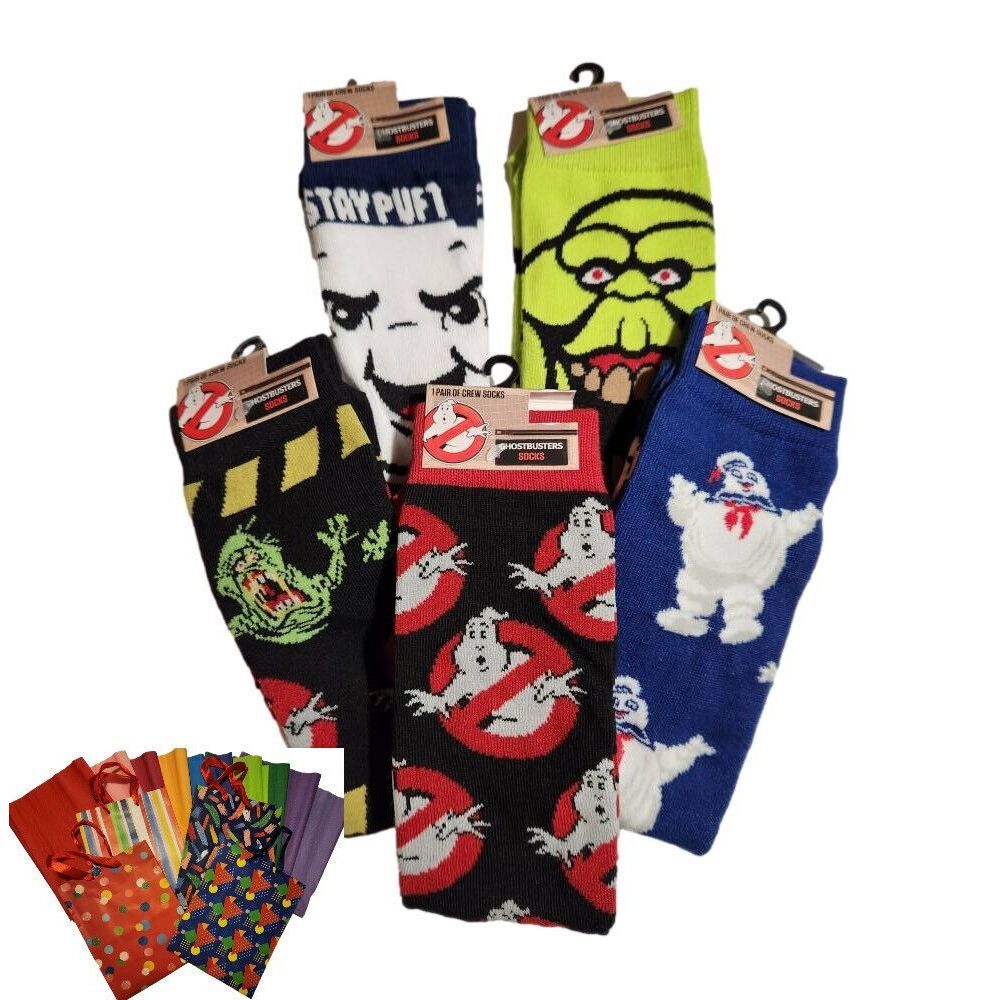 Ghostbusters Movie Retro‎ 5 pr Crew Socks Men Sz 6-12 NWT Gift Bag#